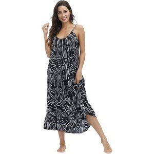 Boho‎ Floral Maxi Dress with Pockets, Adjustable Straps, V-Neck Black White XXL